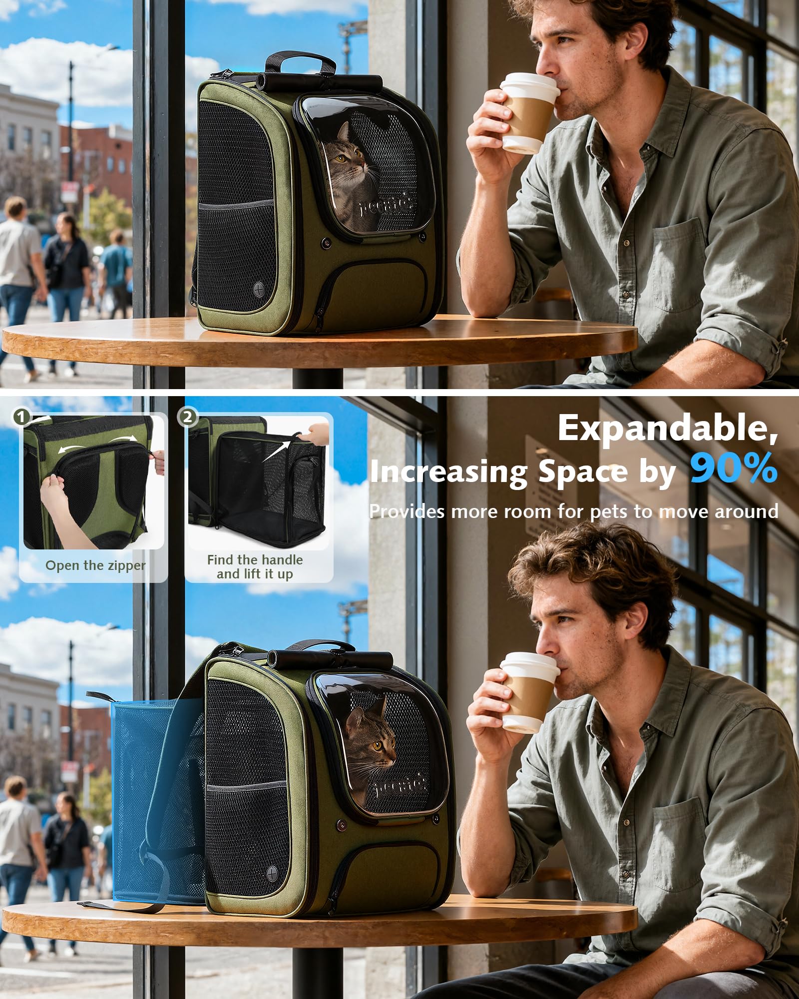 Pecute cat backpack UV shade block emphasizes sun protection for outdoors.