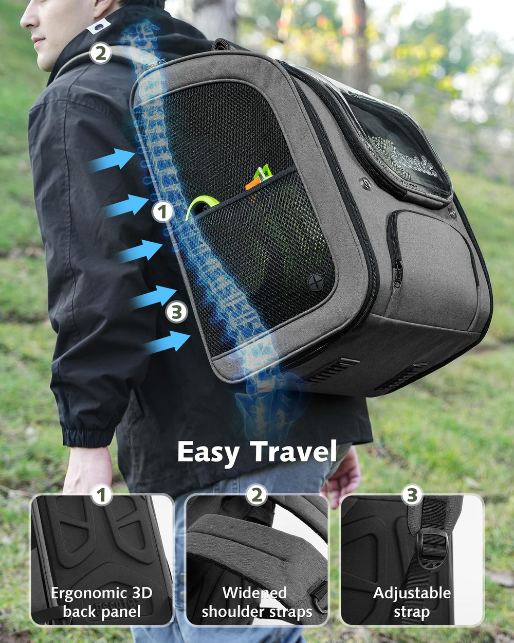 Pecute Cat Backpack XL ergonomic 3D back panel enhances carrying comfort.