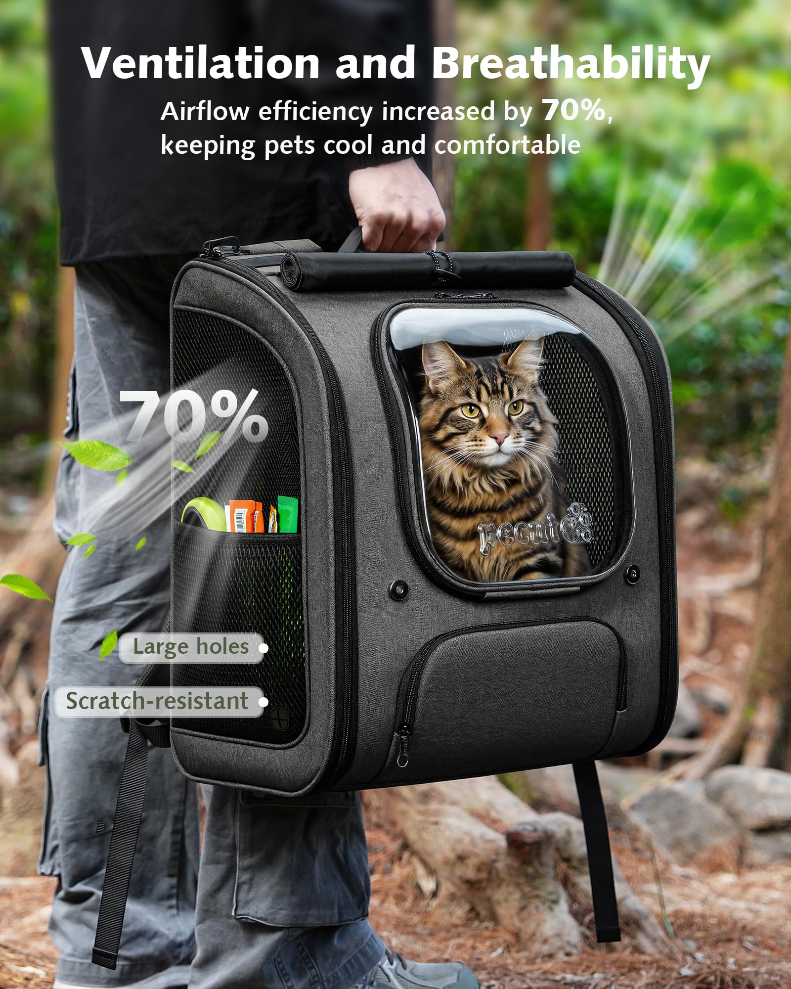 Pecute Cat Backpack XL front pocket storage for treats and essentials.
