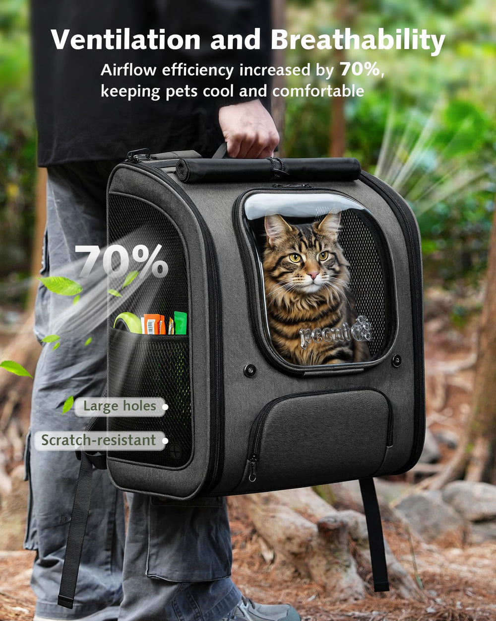 Pecute Cat Backpack XL front pocket storage for treats and essentials.