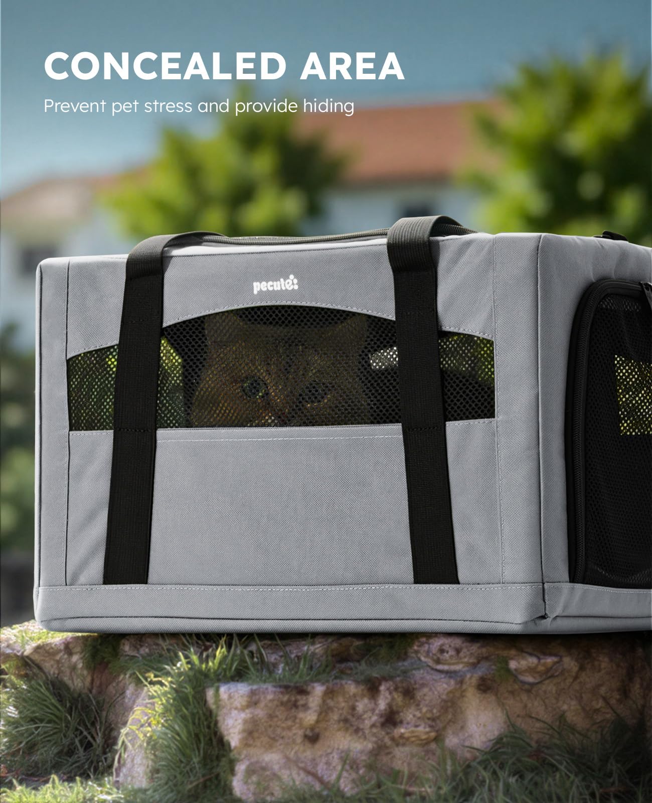 Pecute carrier breathable mesh promotes air flow and comfort.