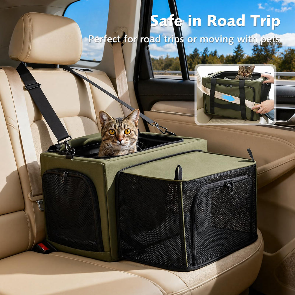 Pecute cat carrier car travel integration enables secure belt and headrest setup