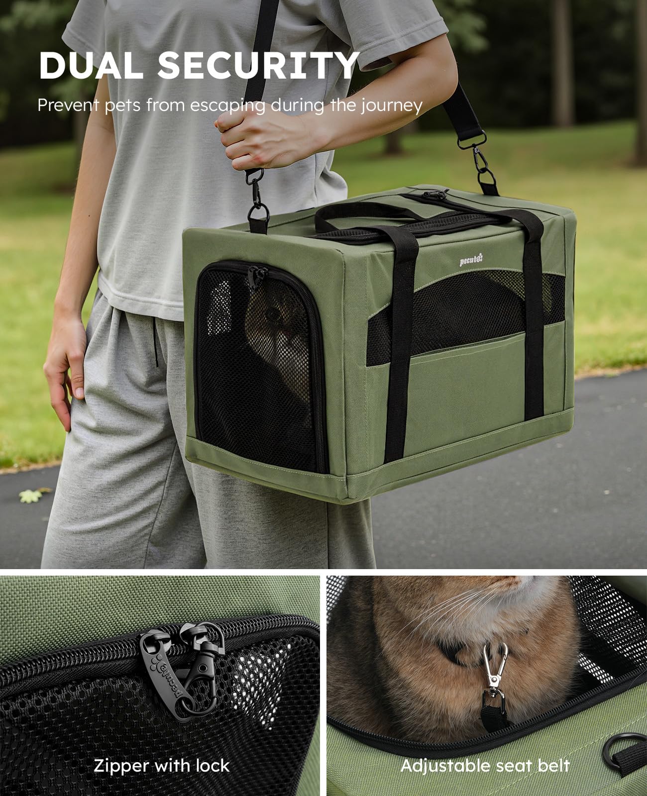 Pecute cat carrier with lockable zippers for added security