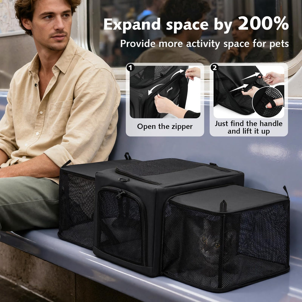 Pecute cat carrier mesh ventilation emphasizes four-sided panels for cooler travel