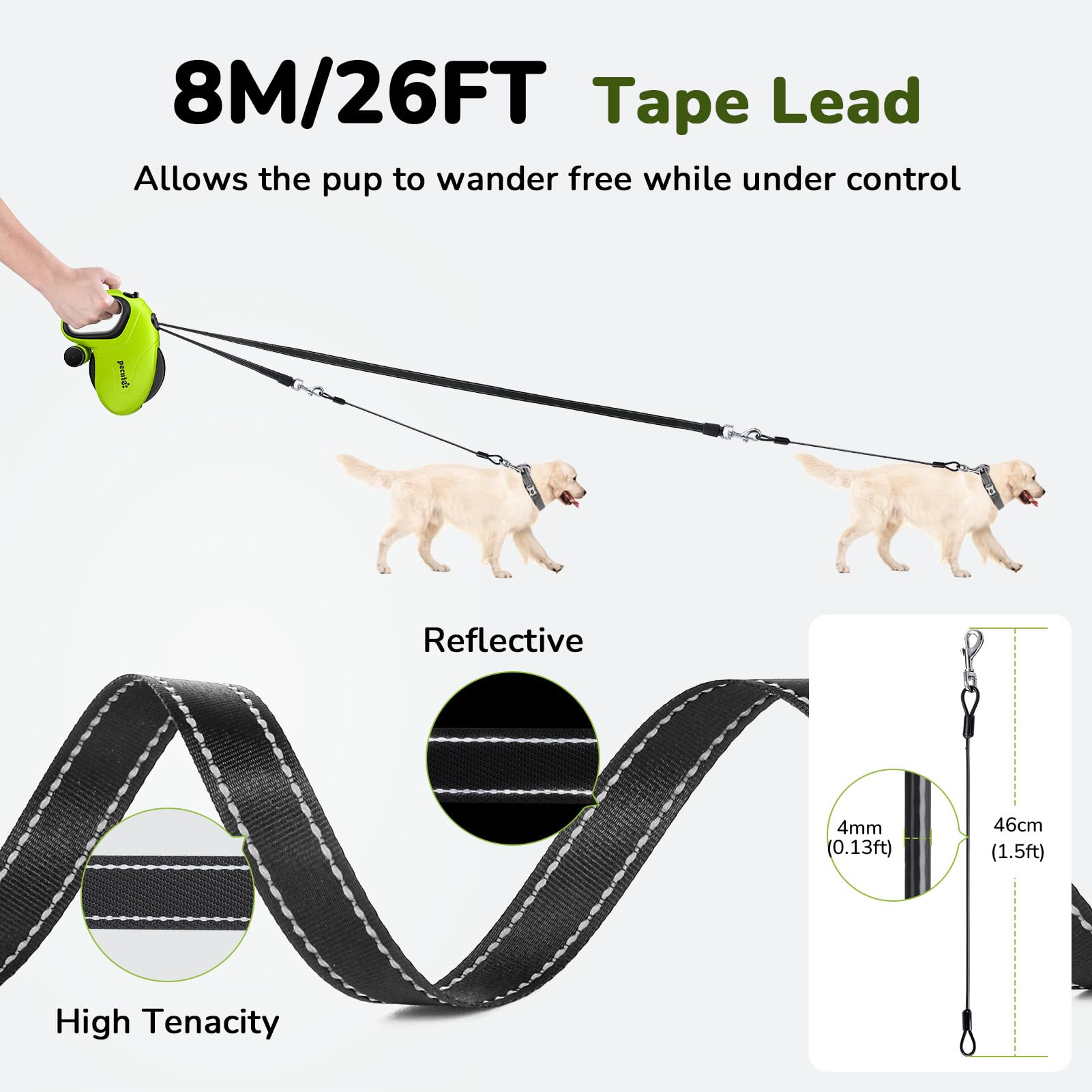 Pecute chew-proof cable detail demonstrates durability for strong dogs during outdoor adventures.