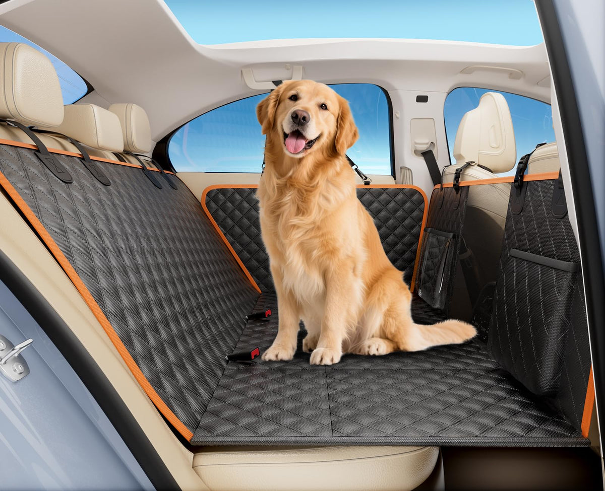 Pecute dog car seat cover shows full back seat protection and space for dogs