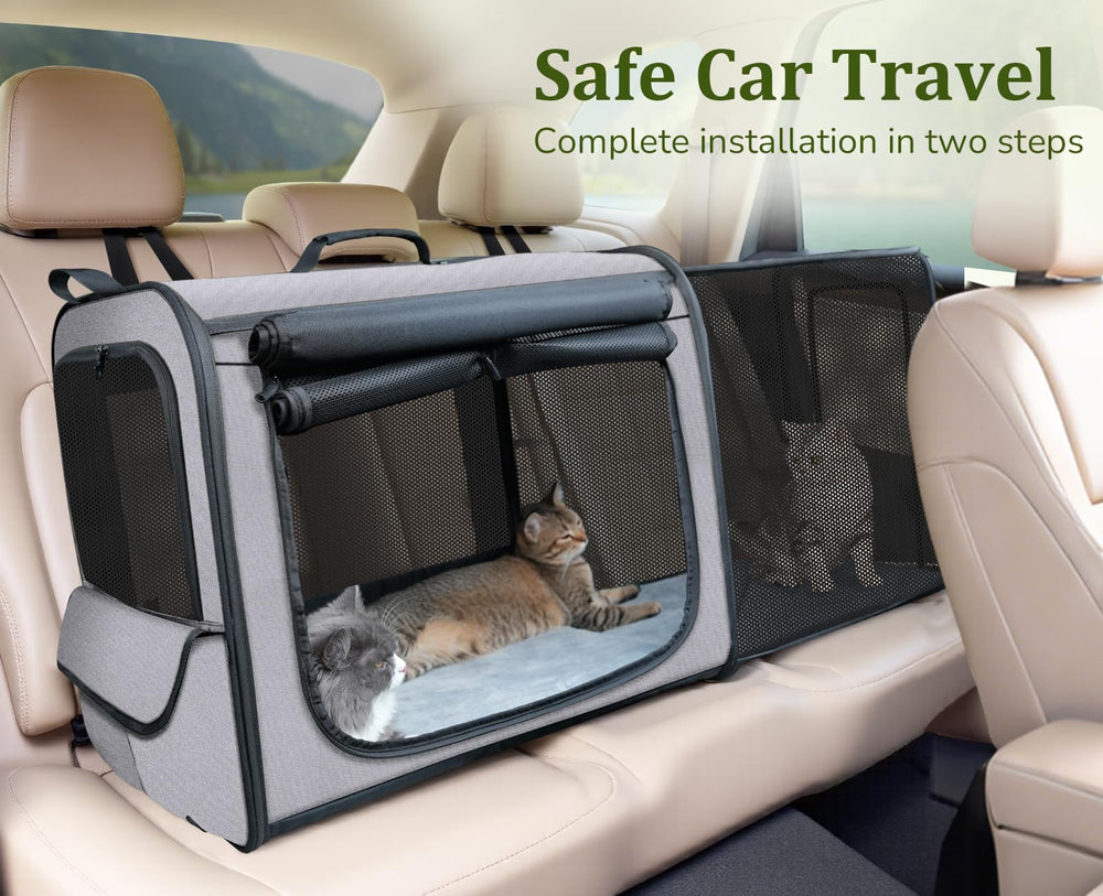 Pecute dog car carrier easy installation with rear headrest straps.