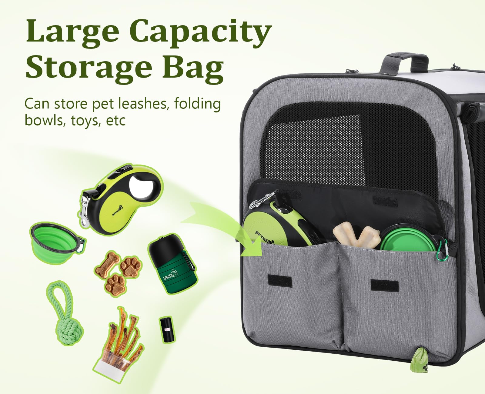 Pecute dog car carrier foldable frame with secure buckle for storage.