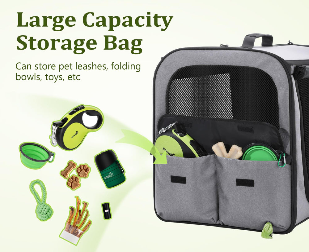 Pecute dog car carrier foldable frame with secure buckle for storage.