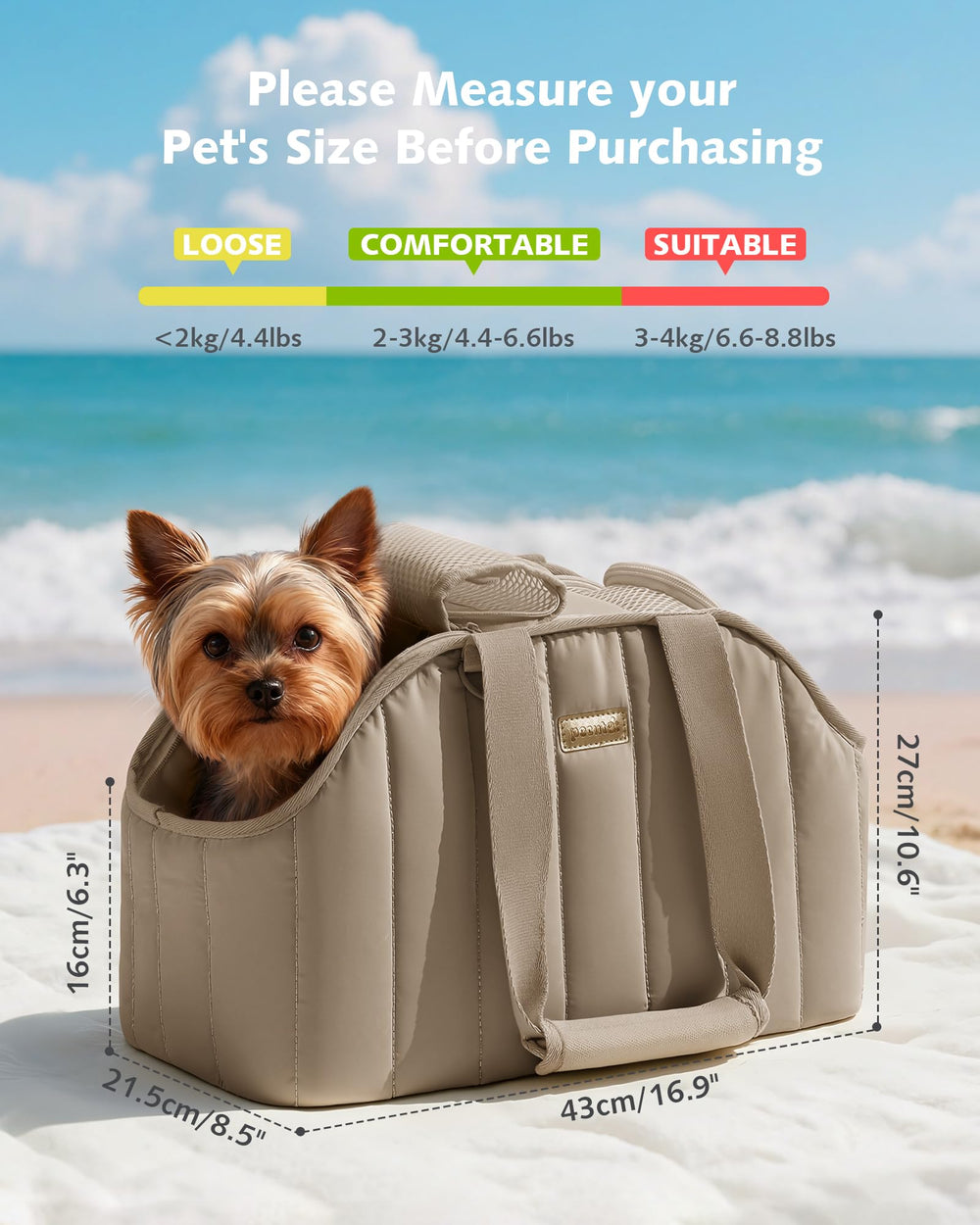 Pecute dog purse carrier dimensions help ensure a fit for small pets under 6.6 lbs.