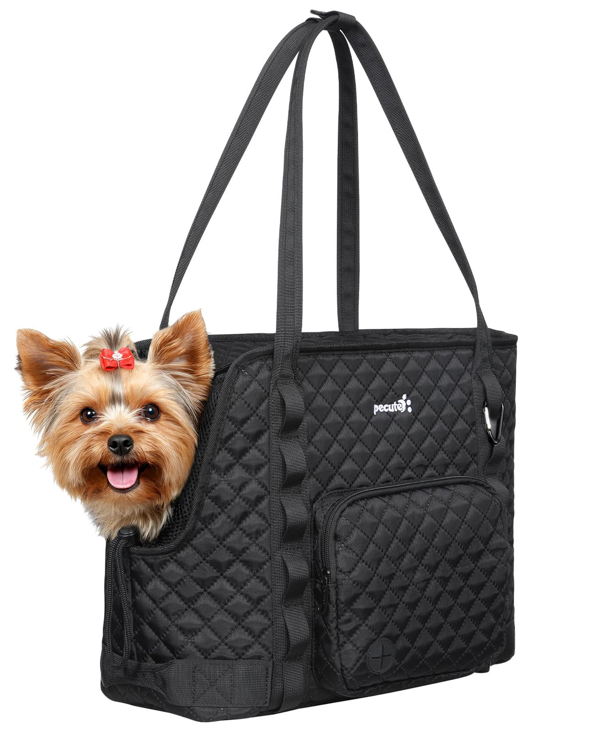 Pecute dog purse carrier front view with breathable mesh and pocket access for outings
