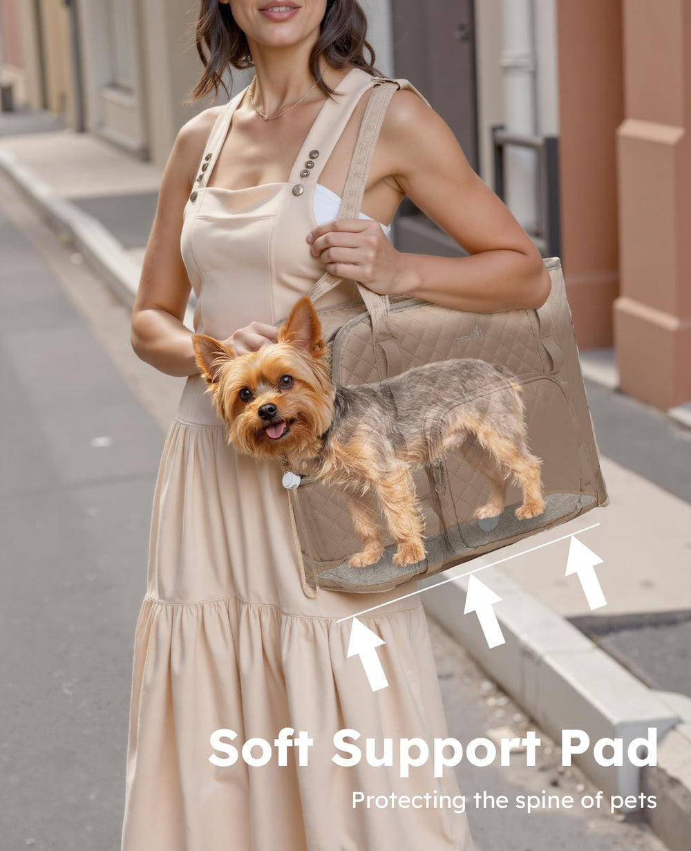 Pecute dog purse carrier safety cord in action for secure transport
