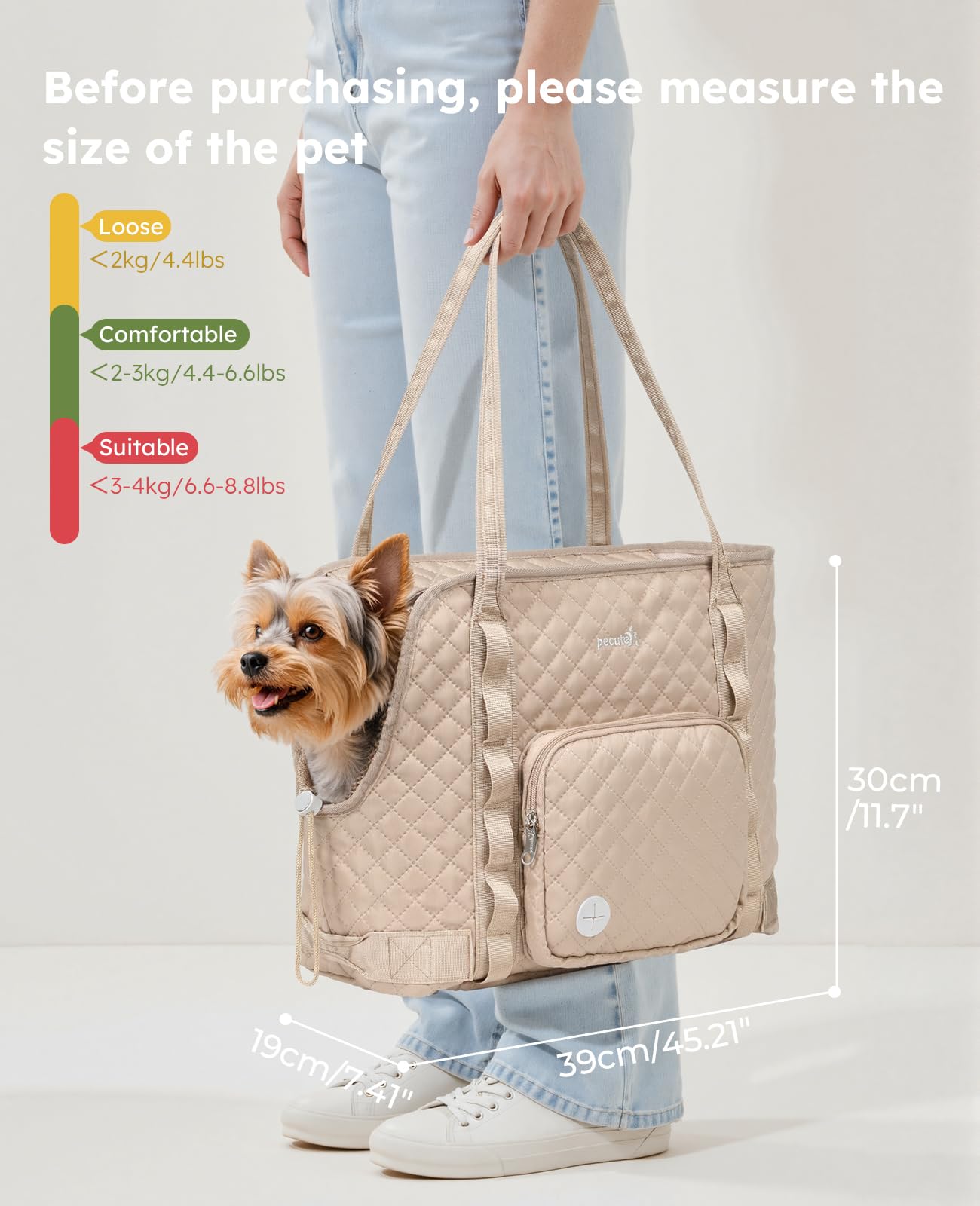 Pecute dog purse carrier side pocket detail highlighting convenient storage