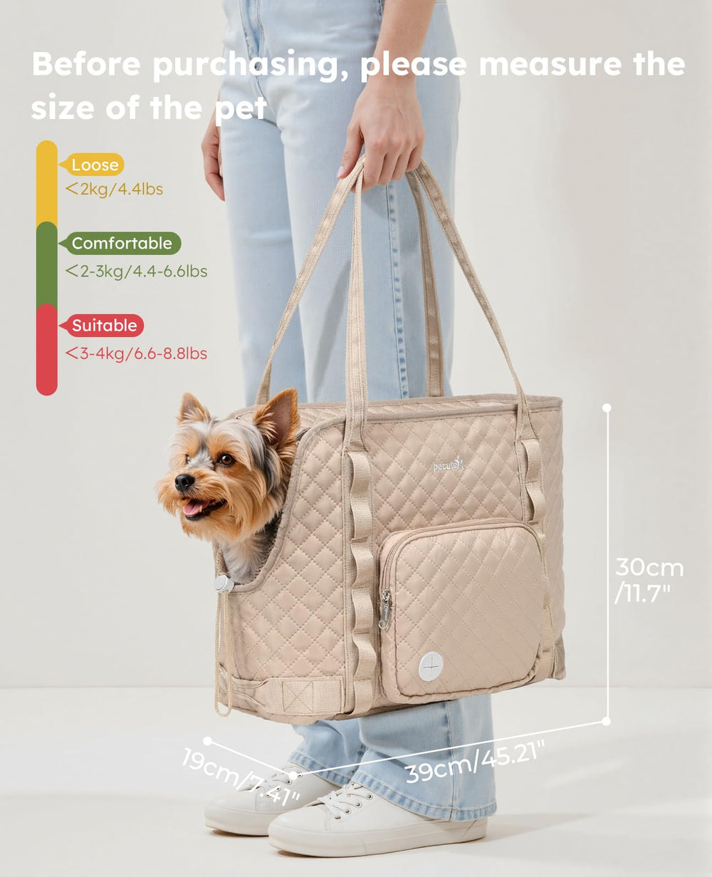 Pecute dog purse carrier side pocket detail highlighting convenient storage
