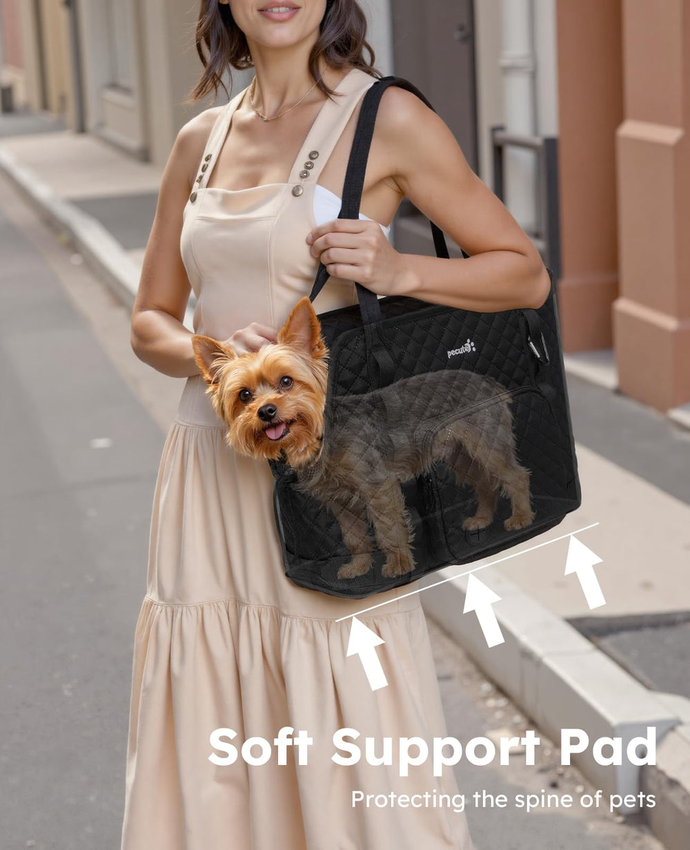Pecute dog purse carrier soft bottom panel and plush lining for comfort