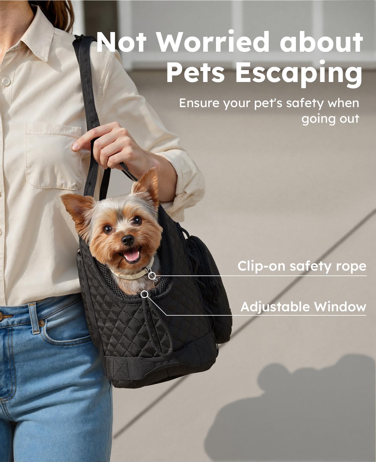 Pecute dog purse carrier top-open view showing secure zipper closure and comfort
