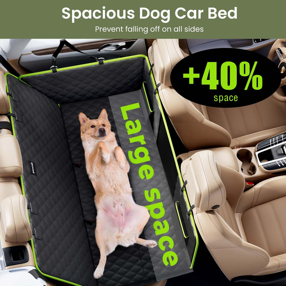 Pecute dog seat cover safety belt attachment ready for travel.