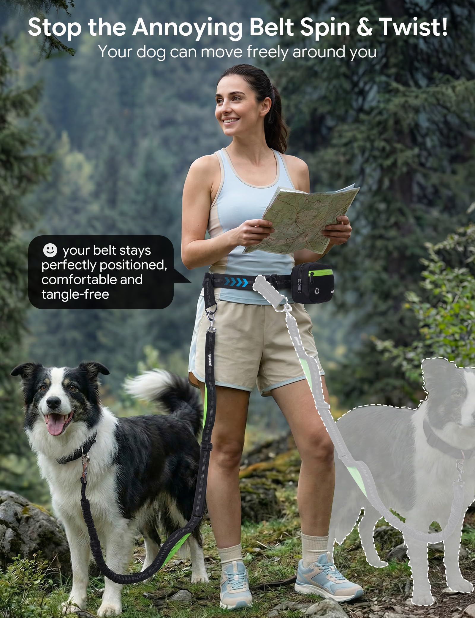 Pecute hands-free leash supports walking, running, and training.