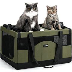 Pecute dual-compartment carrier showing a stable frame for two cats during travel.