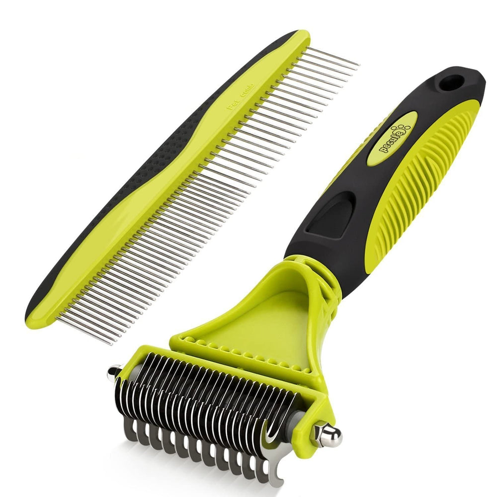Pecute dual-sided undercoat rake detangles mats on a long-haired pet