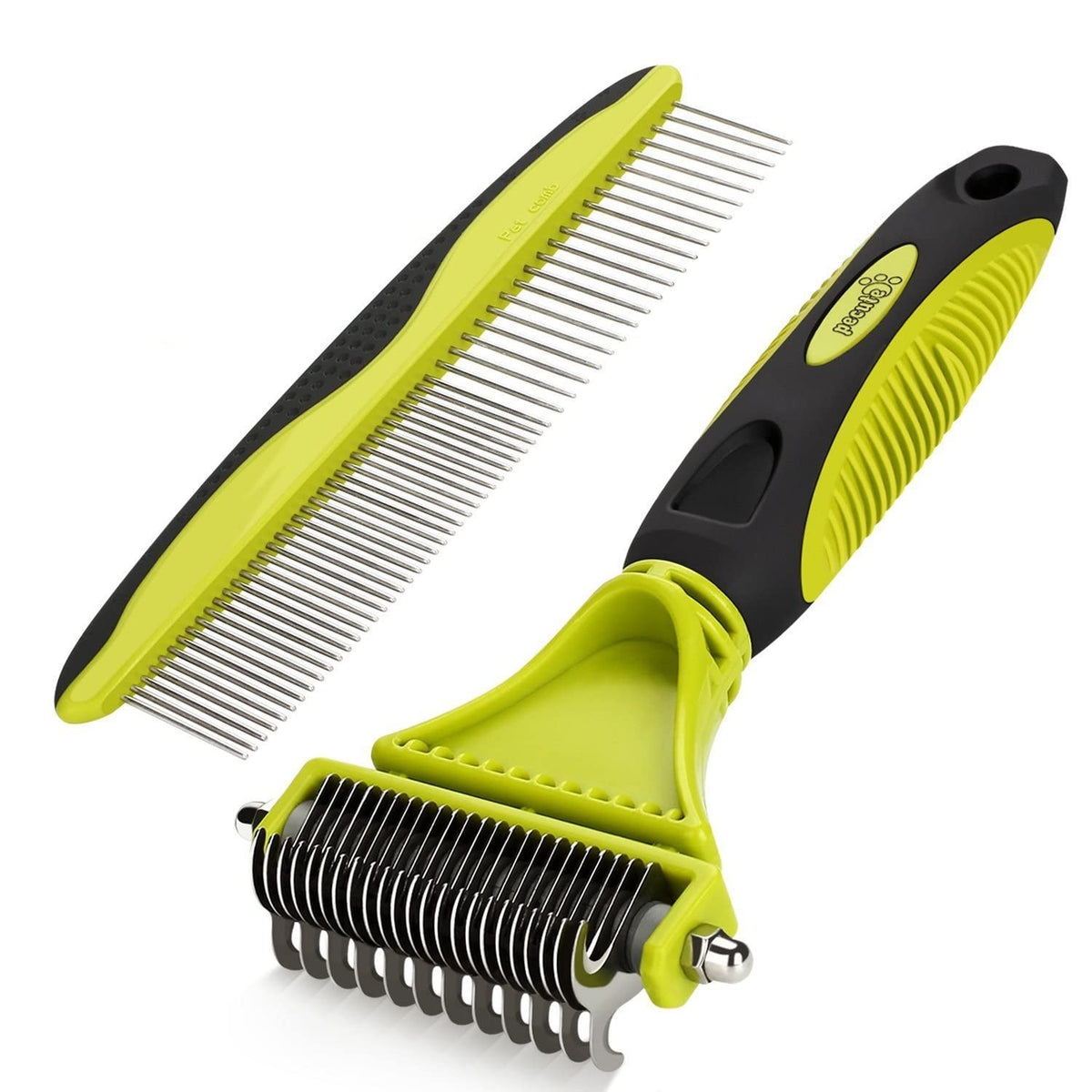 Pecute dual-sided undercoat rake detangles mats on a long-haired pet