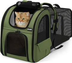 Pecute Expandable Cat Backpack Carrier front view showing expanded space for comfort.