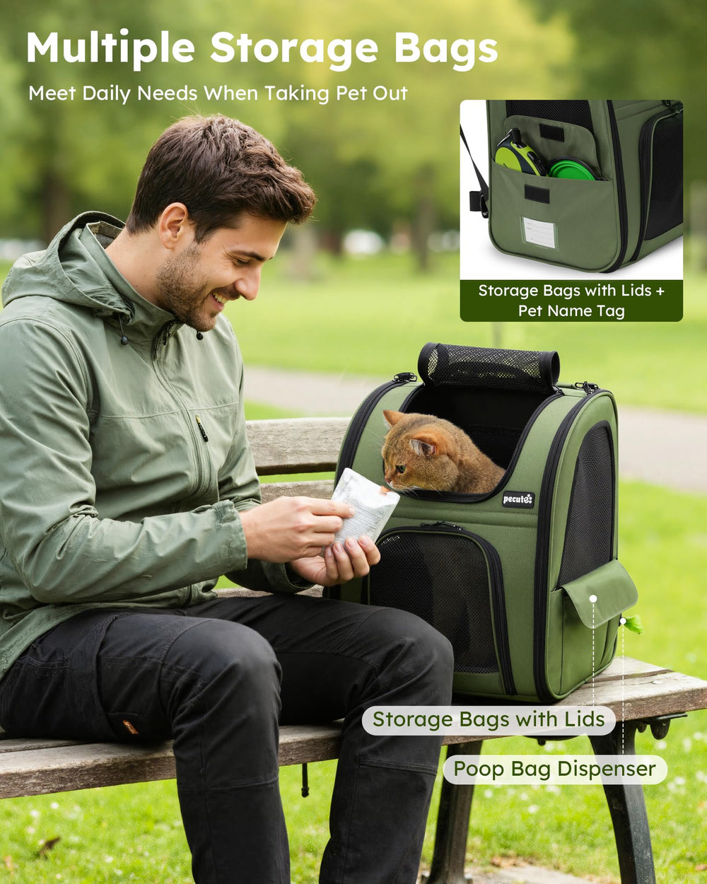 Pecute carrier in use during hiking, offering hands-free convenience.