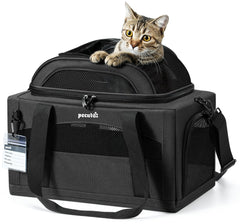 Pecute expandable pet carrier under-seat design aids airline travel.
