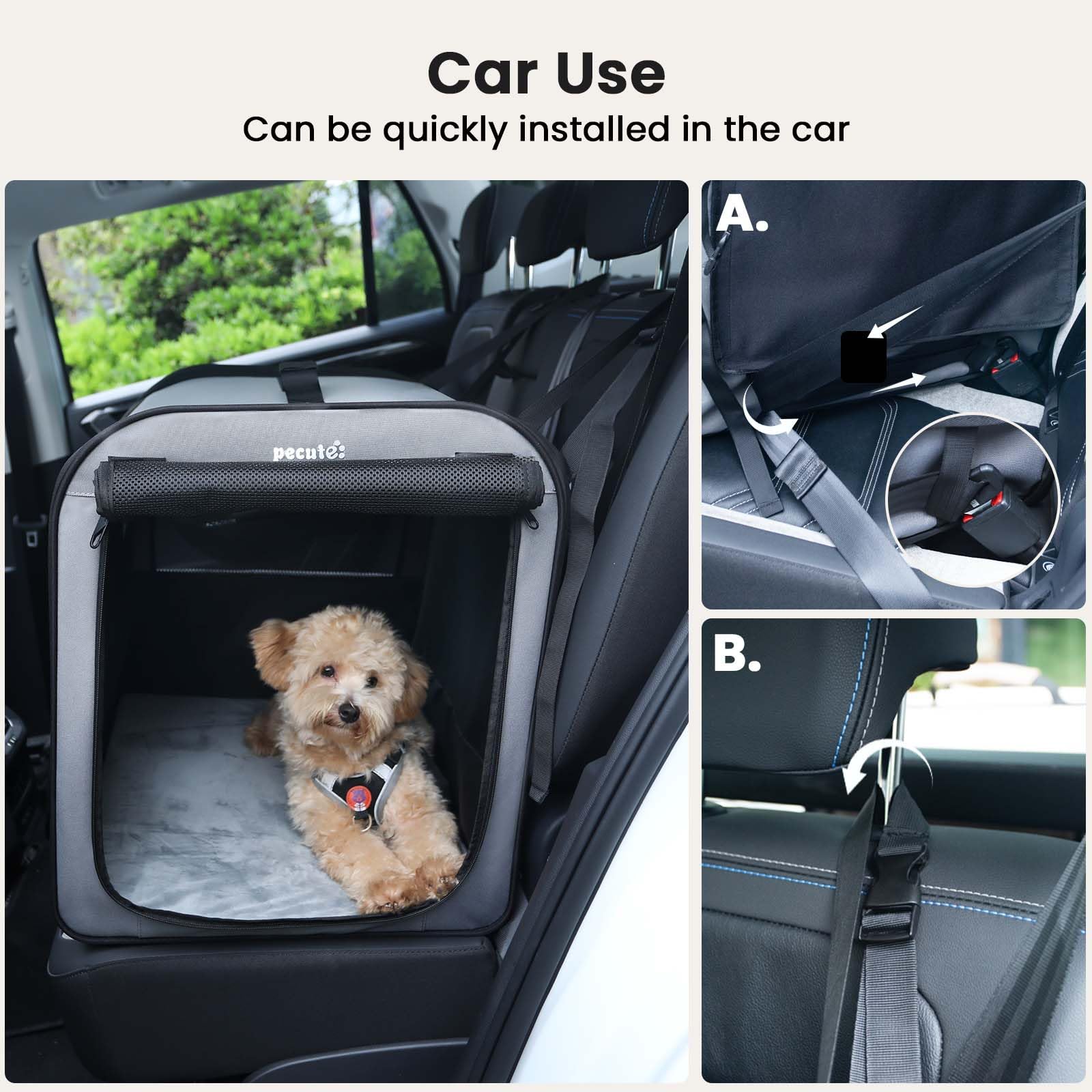 Pecute foldable crate ready for car trips and outdoor use.