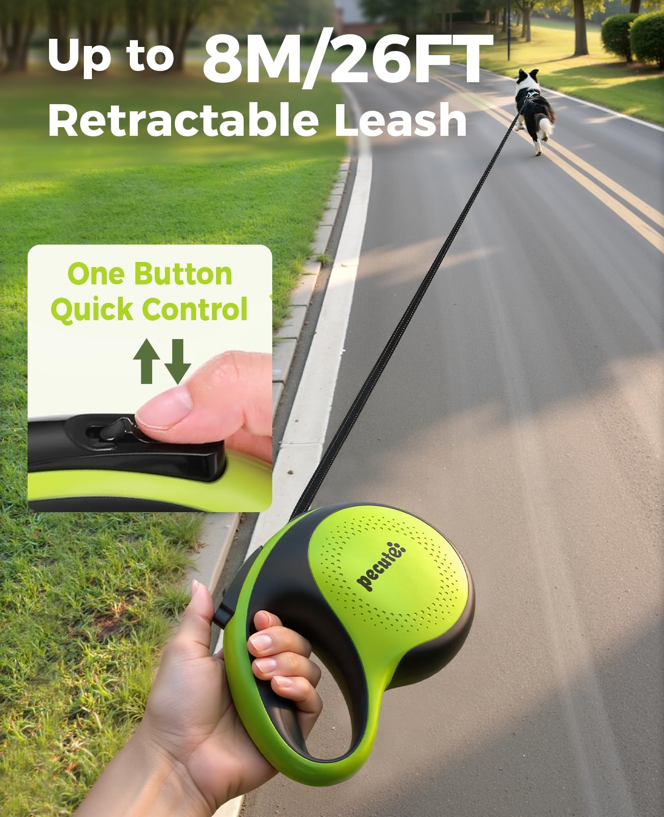 Pecute heavy-duty coil provides smooth retraction for strong dogs.