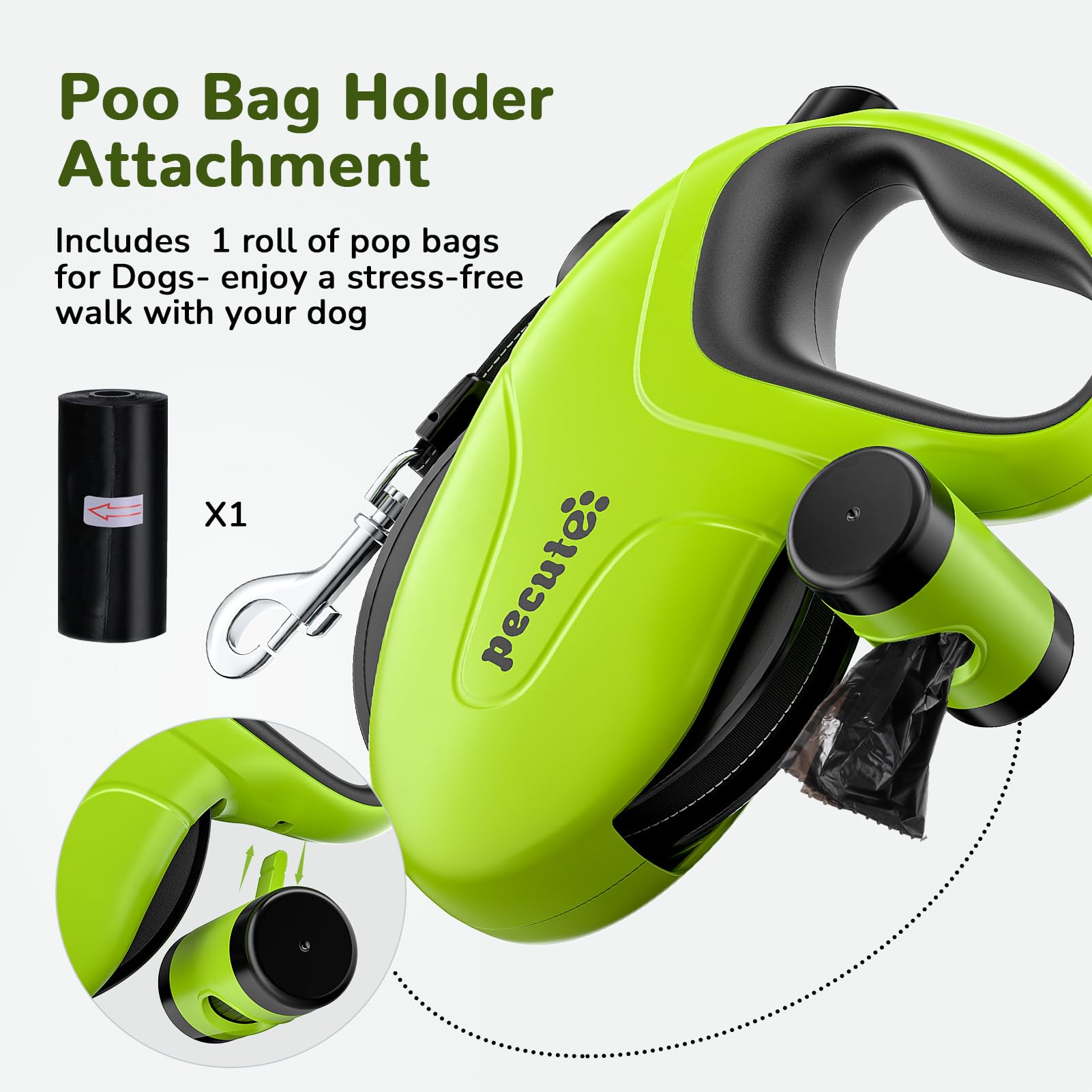 Pecute poo bag holder included for convenient waste cleanup on outings.