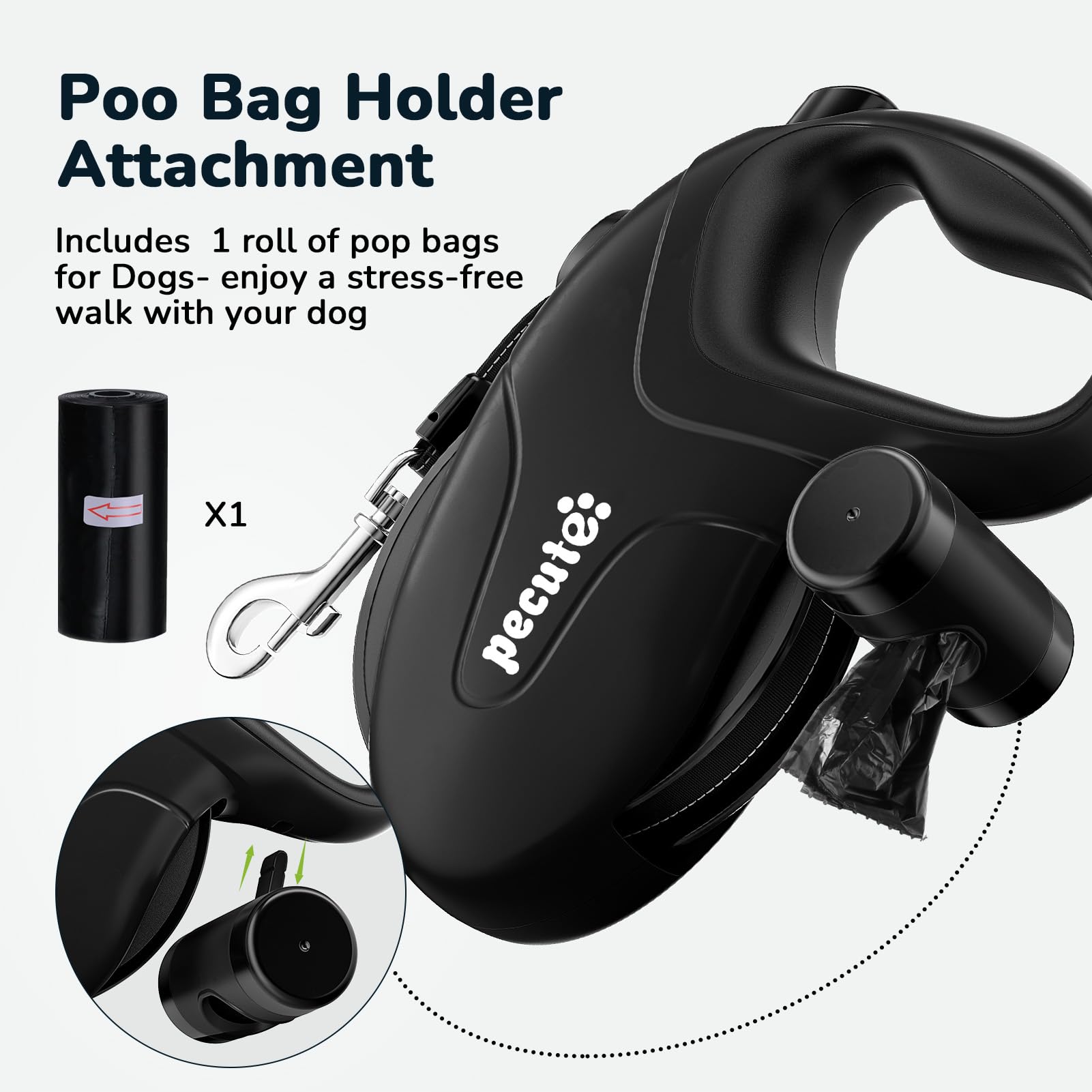 Pecute poop bag holder attached and ready with 15 bags included.