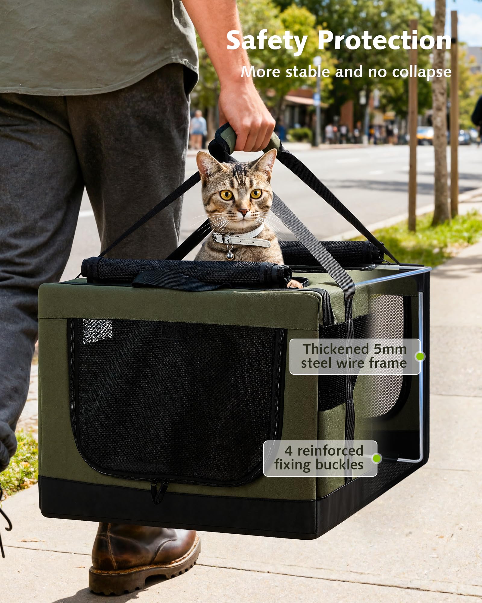 Pecute carrier highlights reinforced steel frame and secure buckles for safe transit.