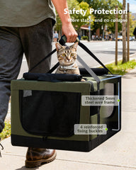 Pecute carrier highlights reinforced steel frame and secure buckles for safe transit.