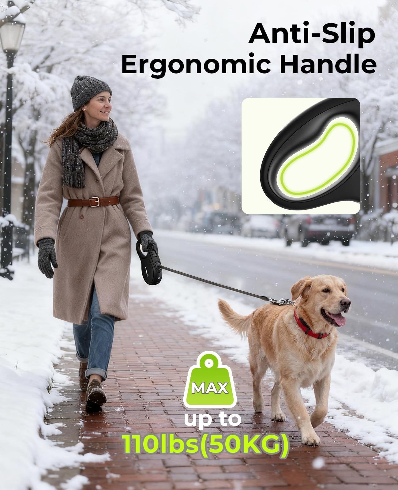 Pecute leash supports up to 110 lbs for large dogs.