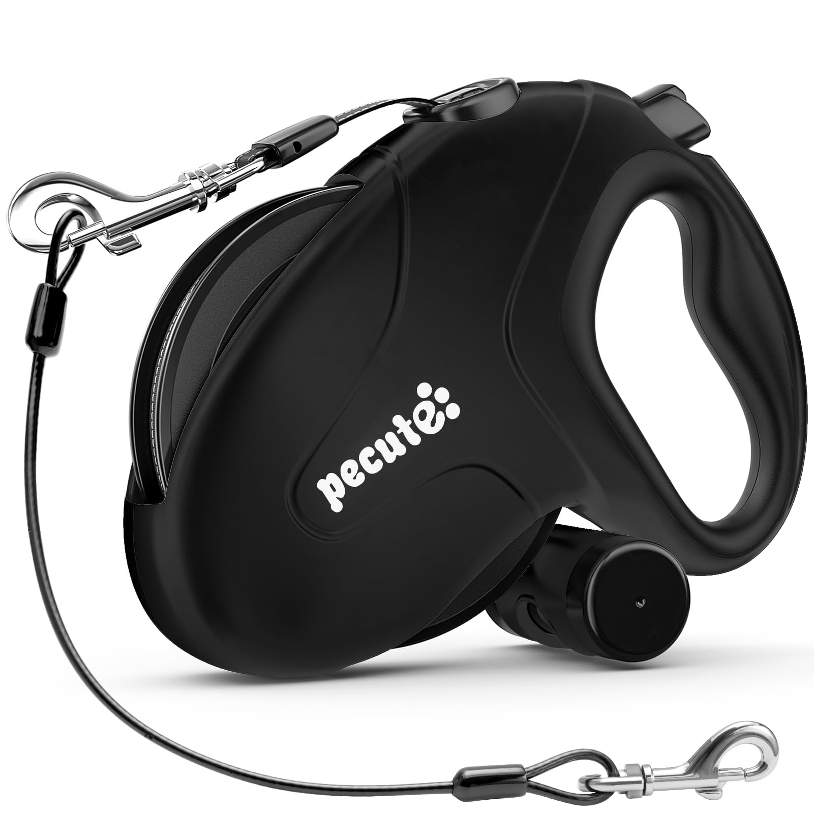 Pecute retractable leash front view showing chew-proof steel cable for durability on walks