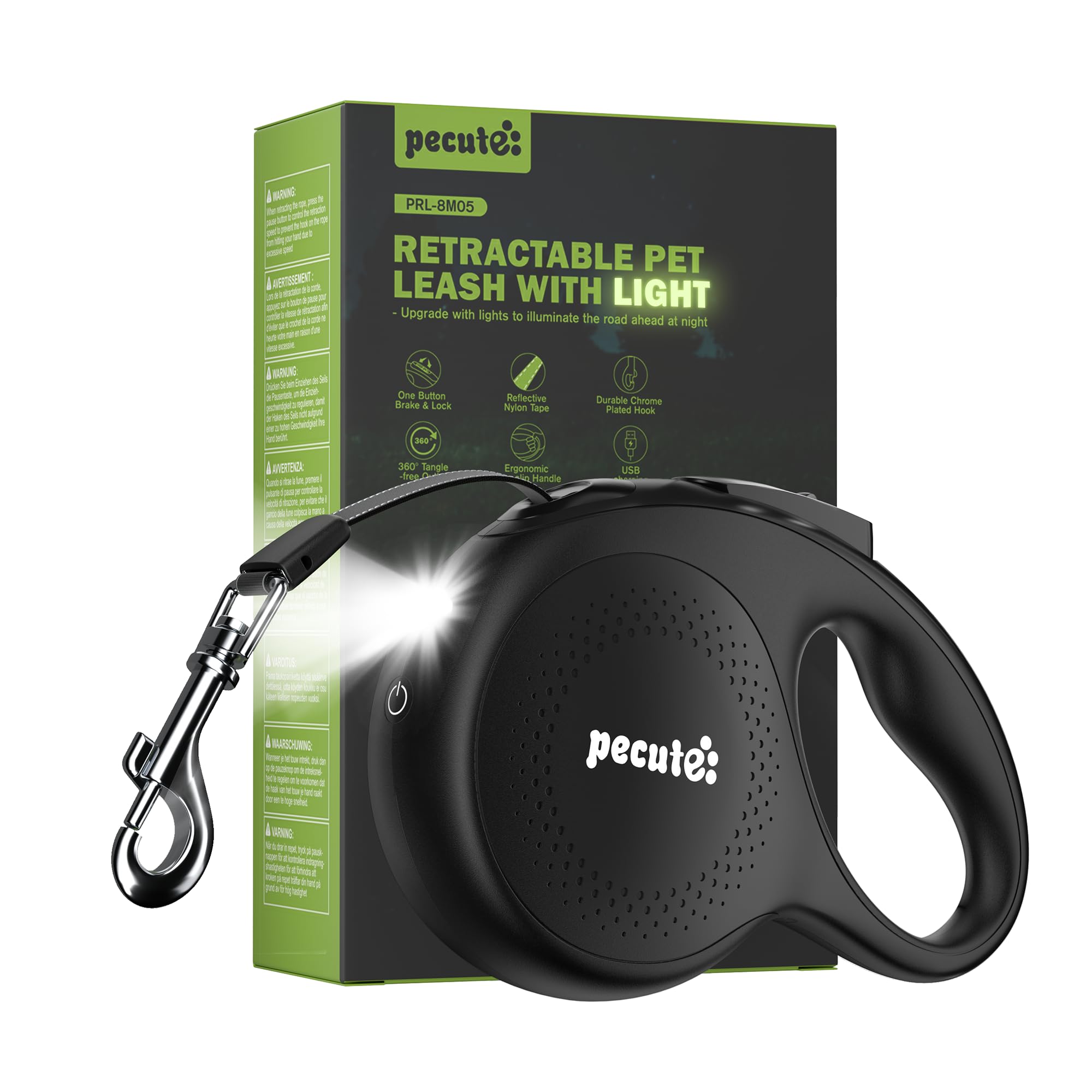 Pecute retractable leash with built in LED light for safer nighttime walks.