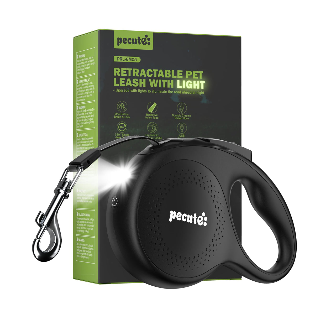 Pecute retractable leash with built in LED light for safer nighttime walks.