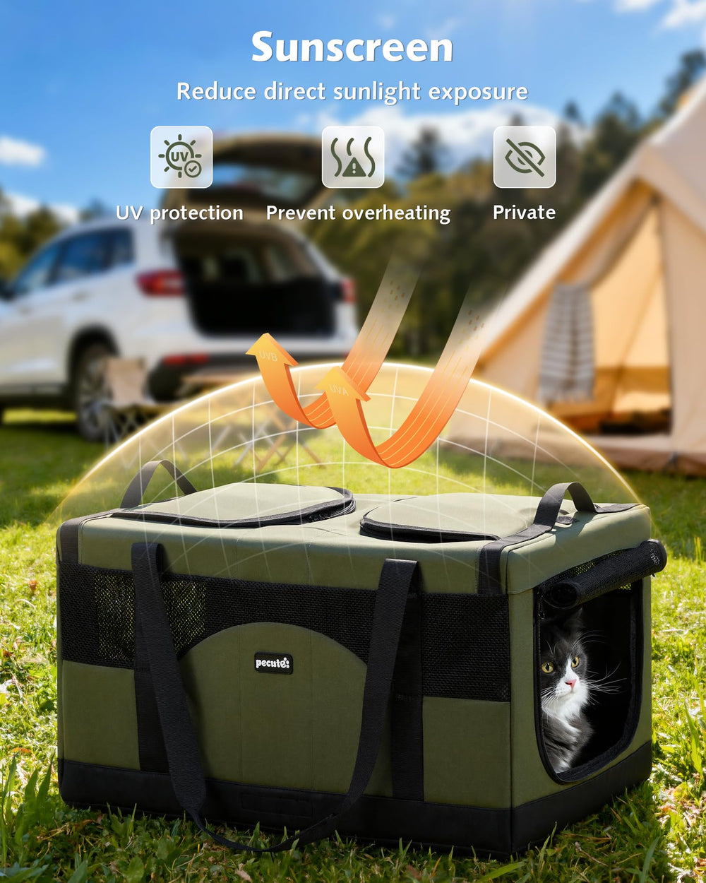 Pecute carrier with retractable sunshade to shade pets on sunny trips.