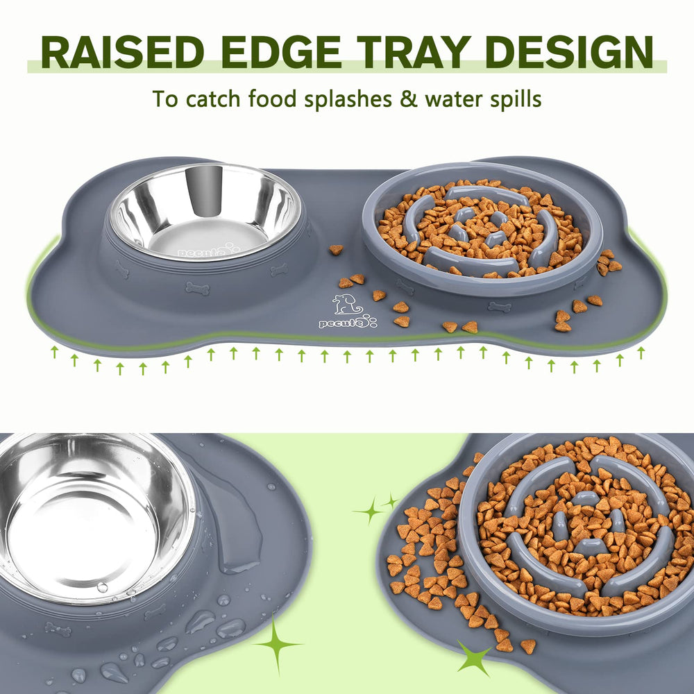 Pecute slow feeder two-bowls setup showing food and water stations