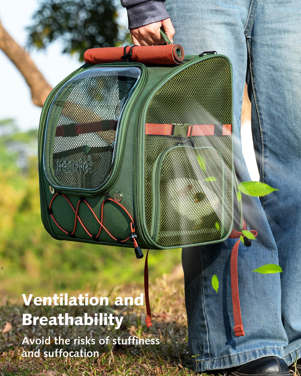 Pecute carrier with triple safety zippers for added travel security.