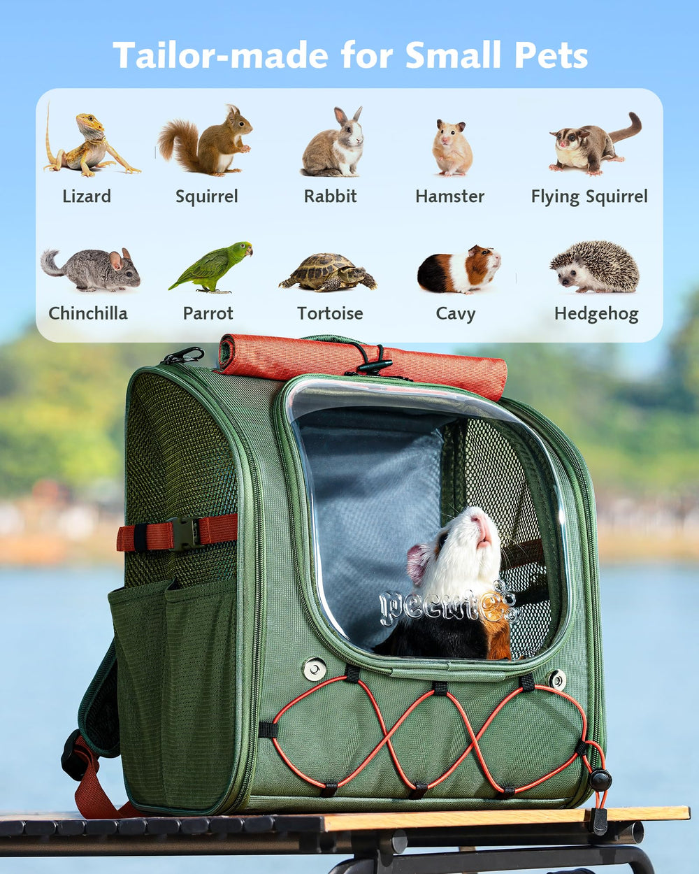 Pecute side pocket keeps treats or toys easily accessible.