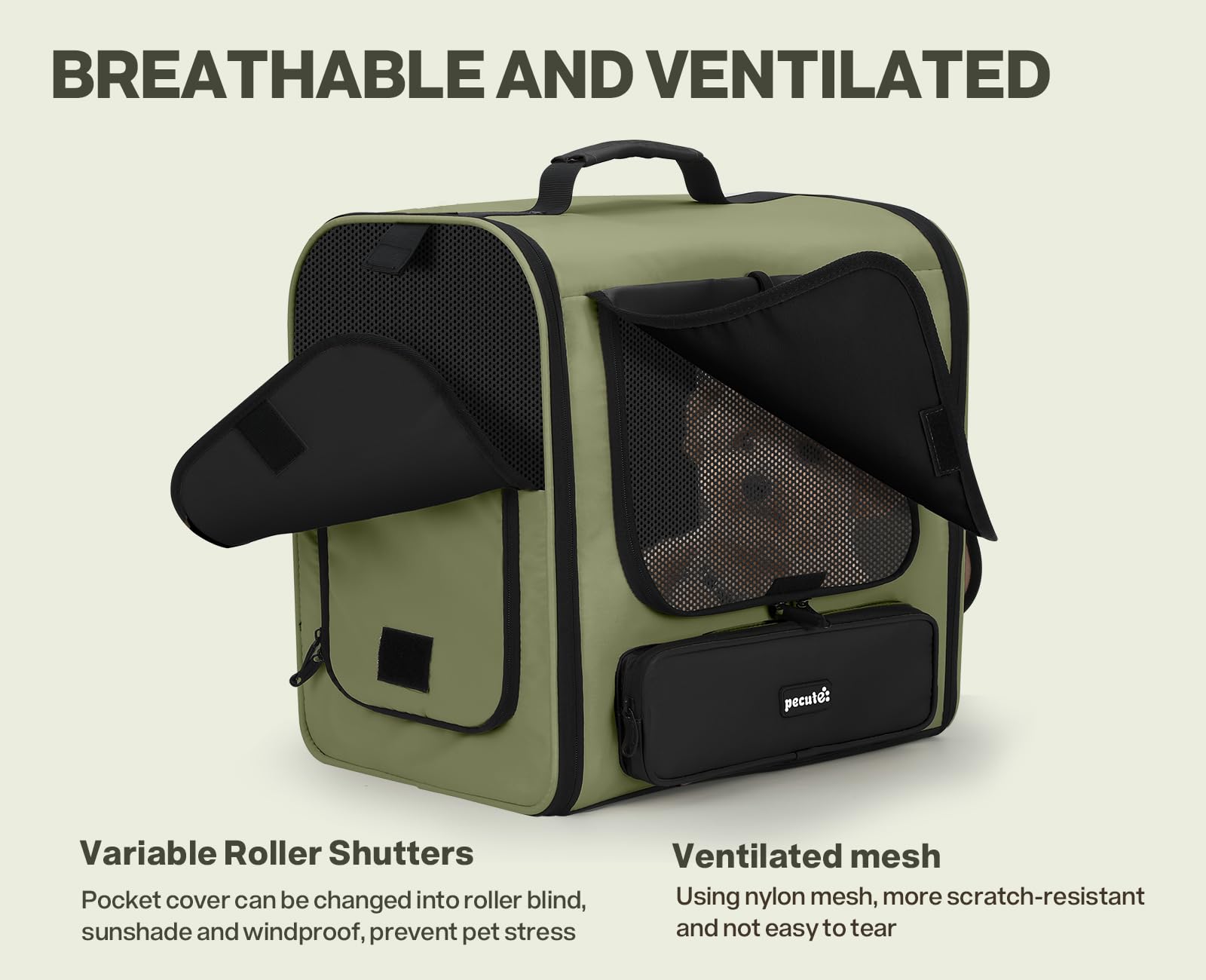 Pecute recycled-materials construction supports sustainable pet travel gear.