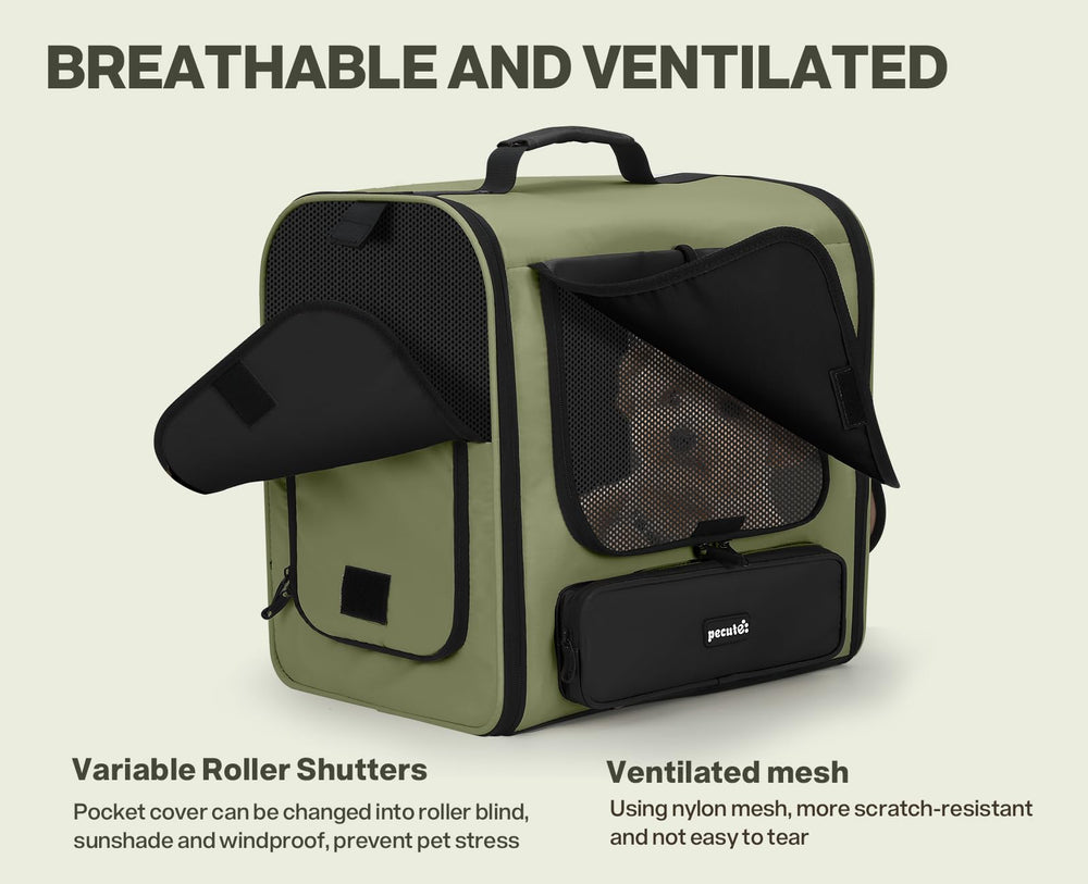 Pecute recycled-materials construction supports sustainable pet travel gear.