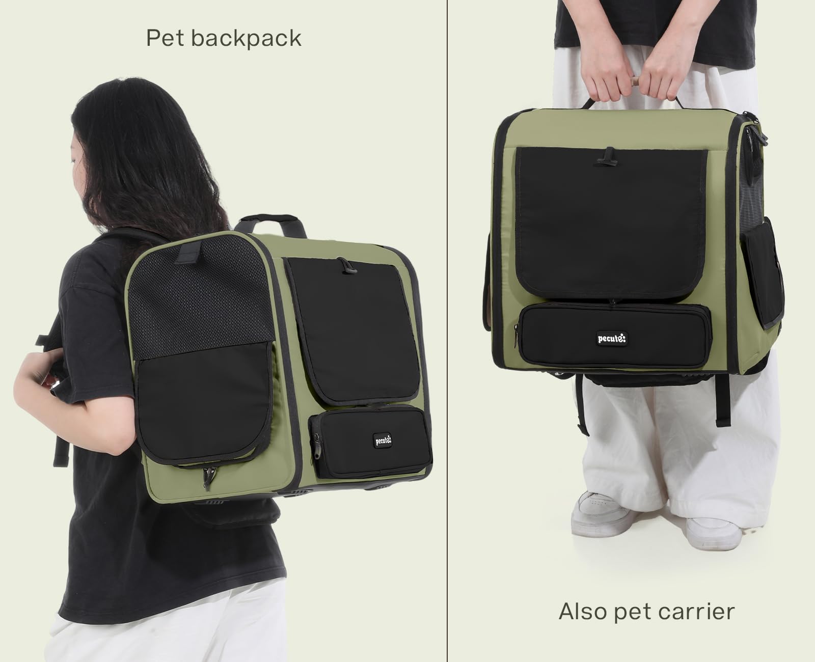 Pecute travel-use scenario shows comfort during trips and vet visits.