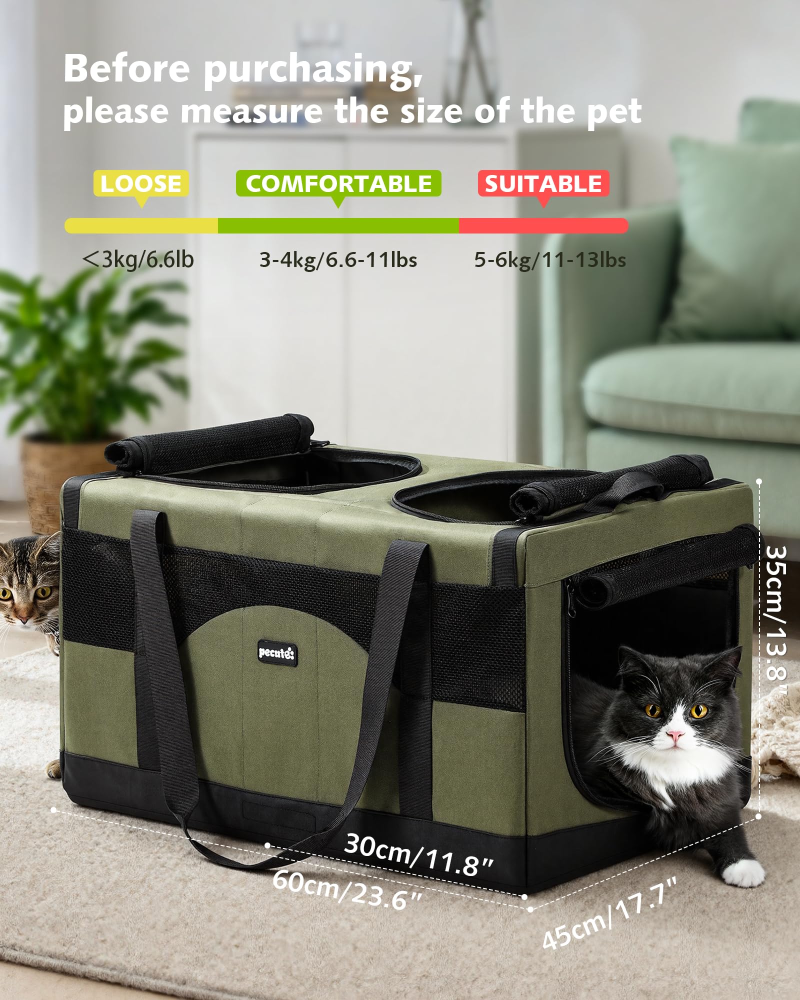 Pecute spacious carrier fits pets up to 26.5 lbs for versatile use.