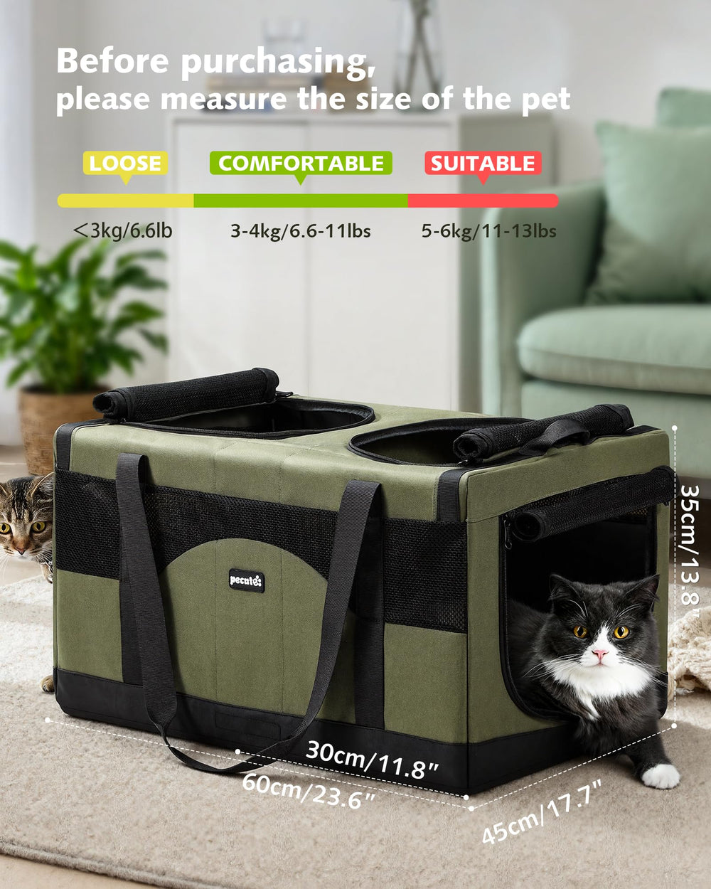 Pecute spacious carrier fits pets up to 26.5 lbs for versatile use.