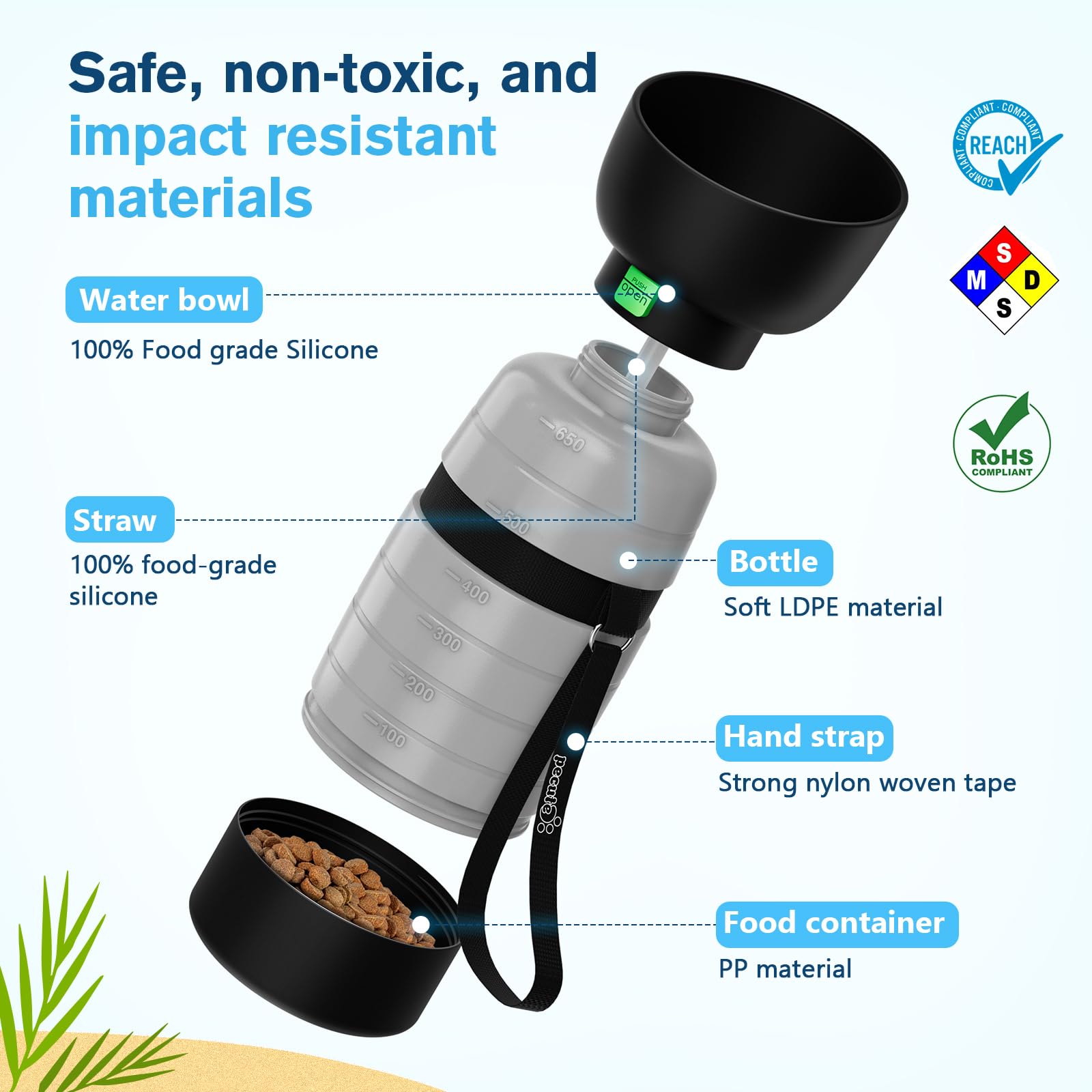Collapsible water bowl flips from cap for quick drinking.