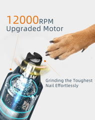 Pedgogo dog nail grinder illuminated by two LED lights for visibility.