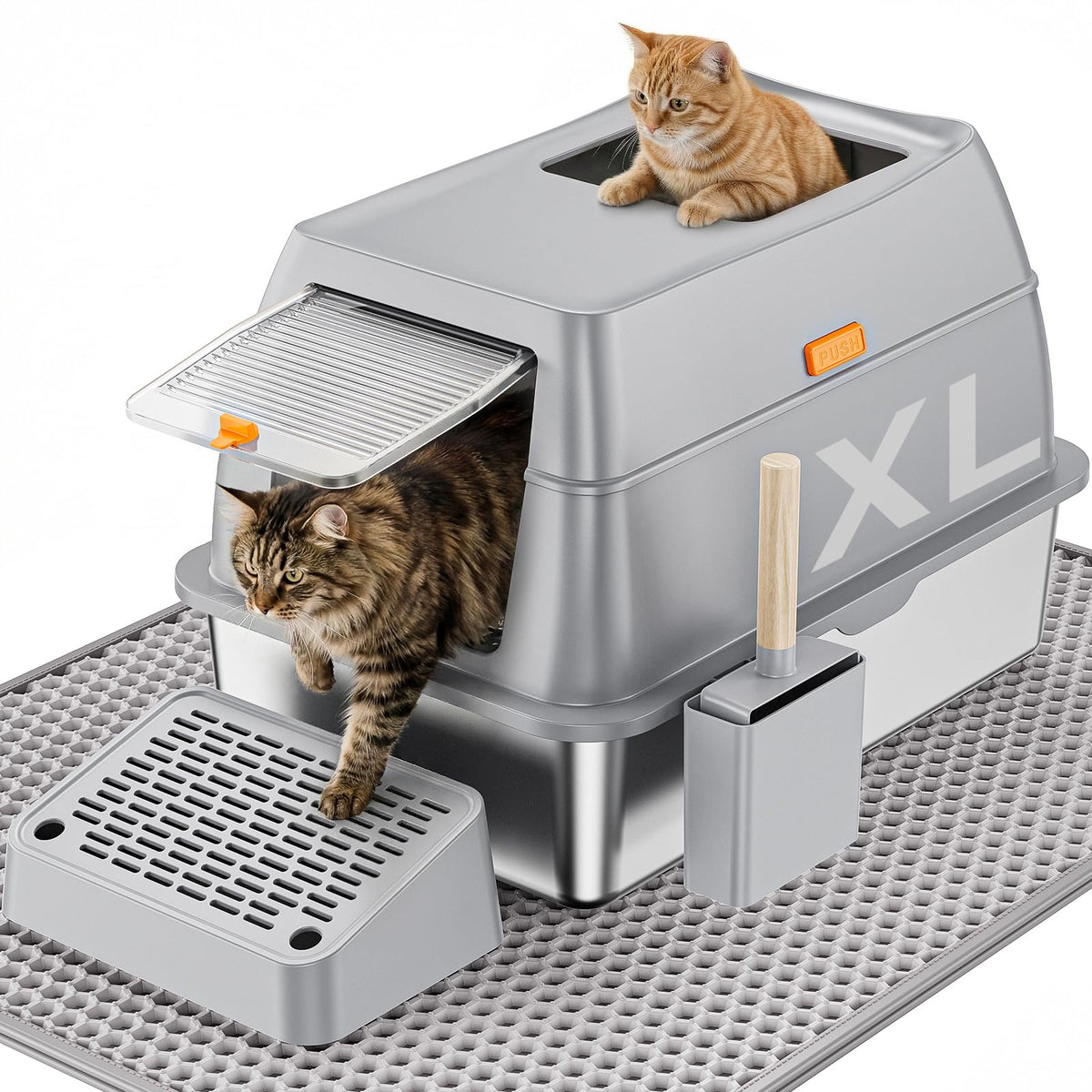 PEDIBAT stainless steel cat litter box with scoop for easy cleaning.